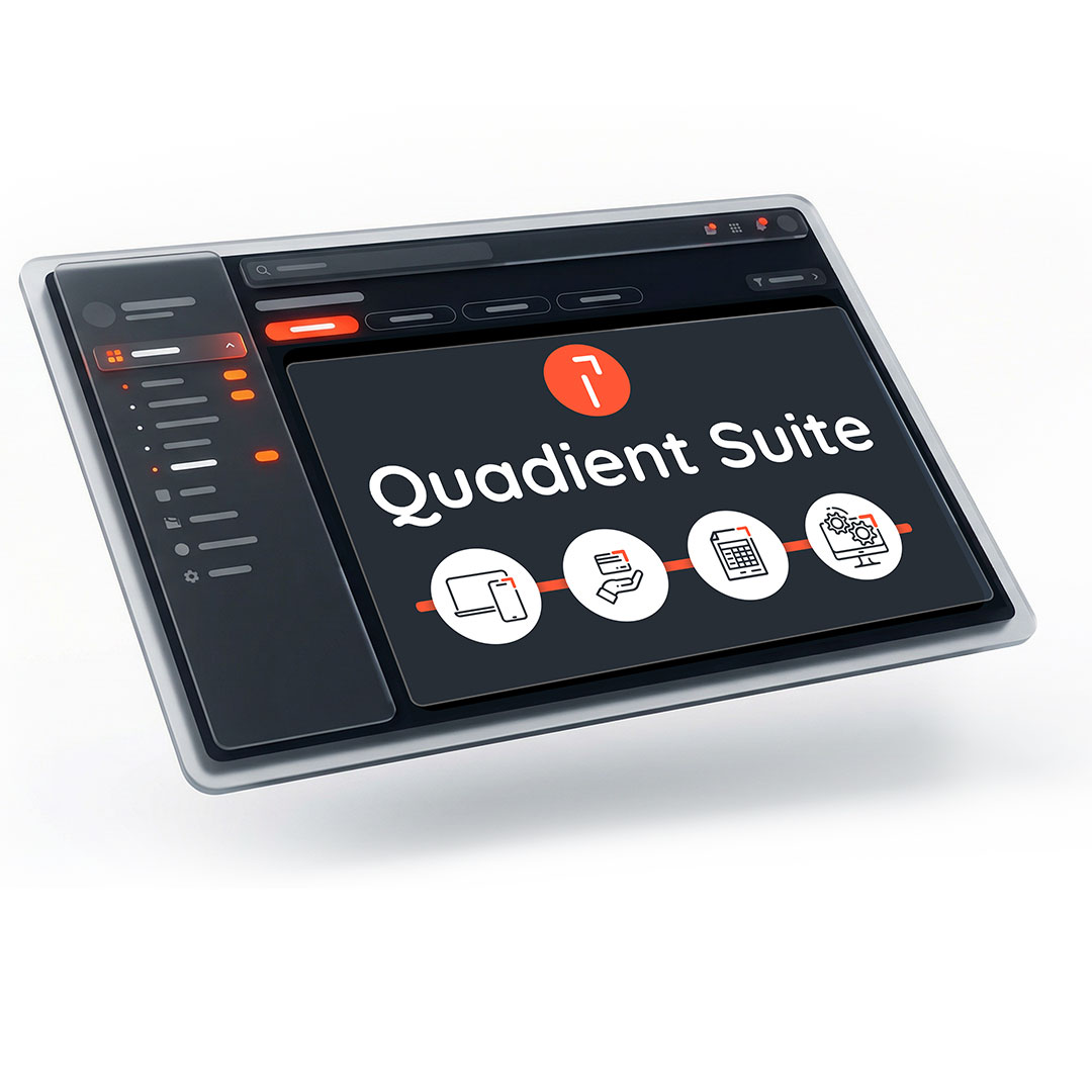 Quadient Suite showing inter-connected software for billing, communications, and finance.