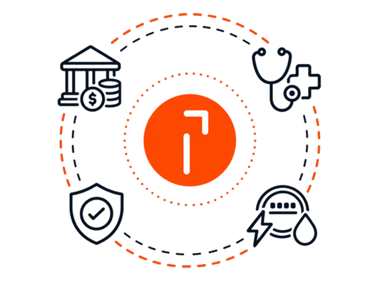 Orange circle with white arrow surrounded by icons: bank building with coins, stethoscope, utilities, and shield with check