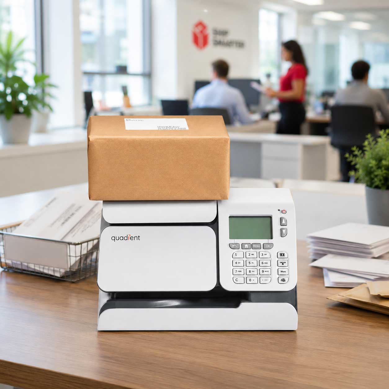 Quadient franking machine with parcel on weighing platform in modern office setting with blurred workers.