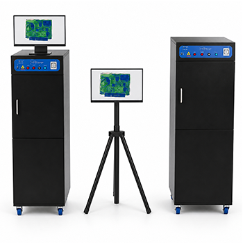 Three black thermal imaging systems with blue control panels and monitors displaying heat maps on white background.