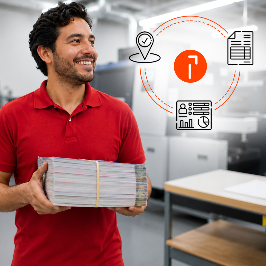 Man in red polo holding stack of promotional flyers with orange circular diagram showing location, document, and data icons.