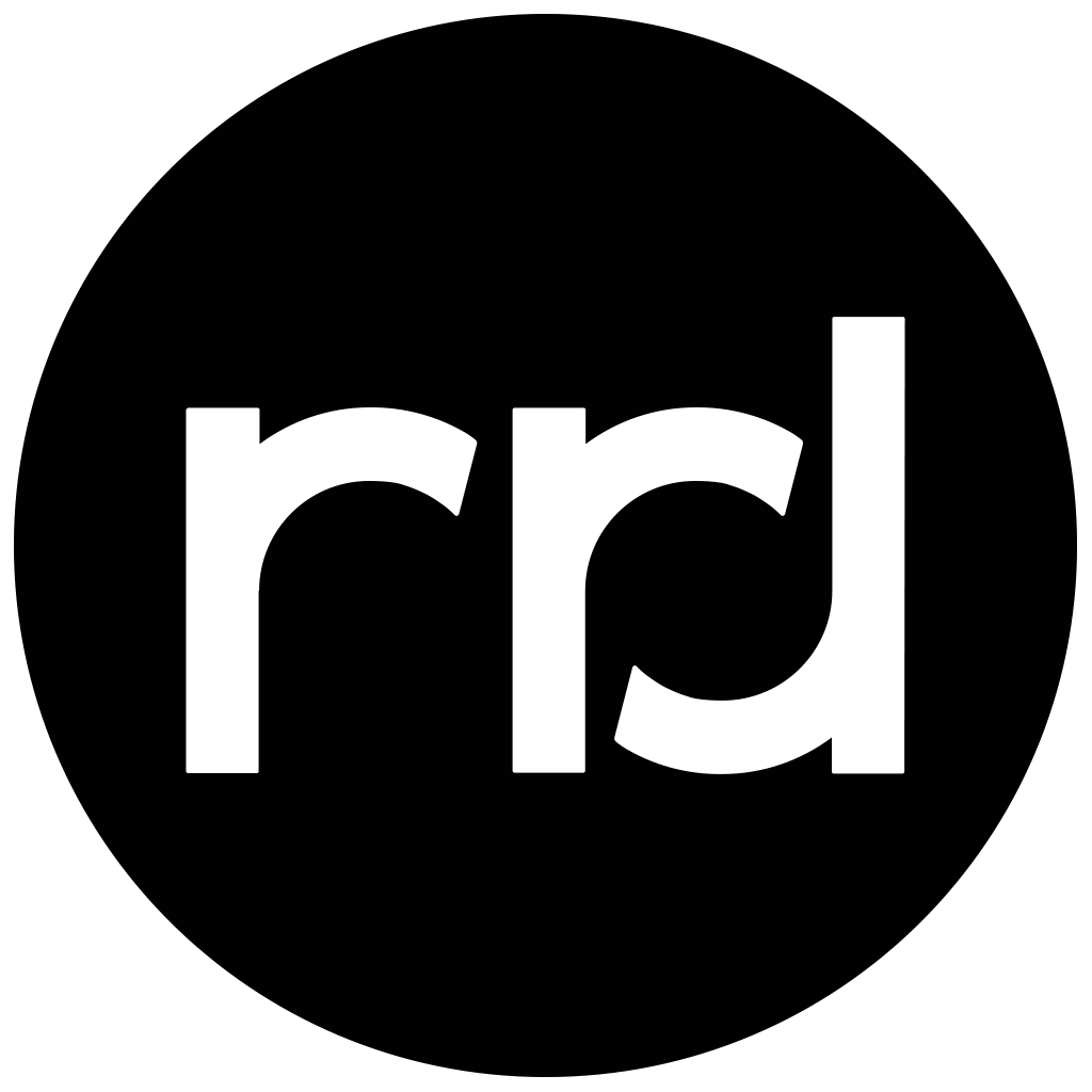 White lowercase letters 'rrd' centered on a dark navy blue circular background, appearing as a minimalist logo design.
