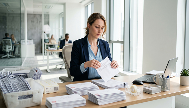 woman at desk manually stuffing envelopes 