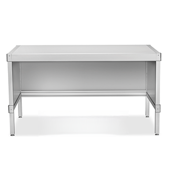Stainless steel commercial work table with open shelf underneath and metal legs on white background.