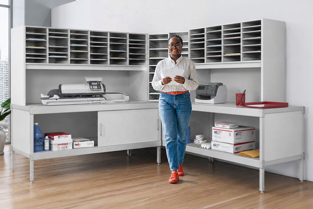 Woman in striped shirt and jeans holding mail, standing in modern mailroom with white storage cubbies and office equipment.