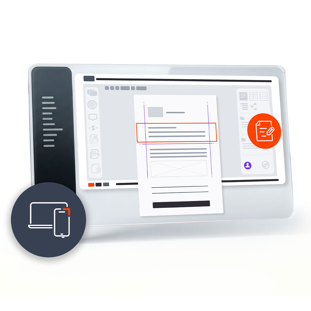 Digital document editing interface showing a document template with text sections, an orange edit icon, and device icons.
