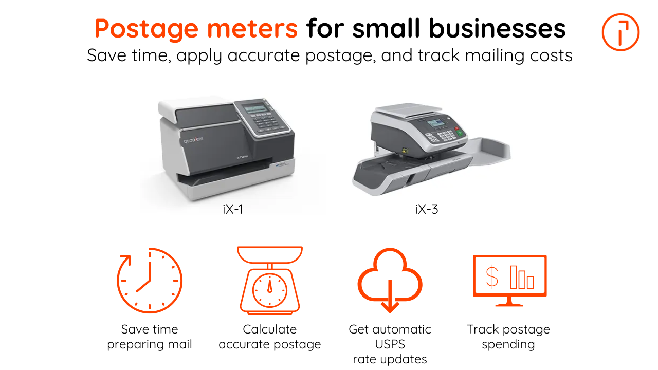 Quadient iX-1 and iX-3 postage meters with icons for saving time, calculating accurate postage, receiving USPS rate updates, and tracking postage spending.