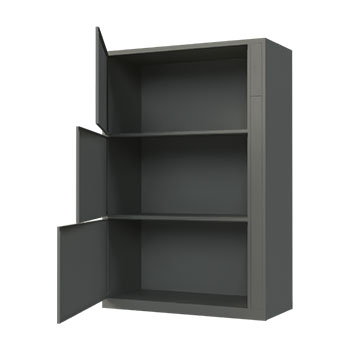 oversized locker with three open doors.
