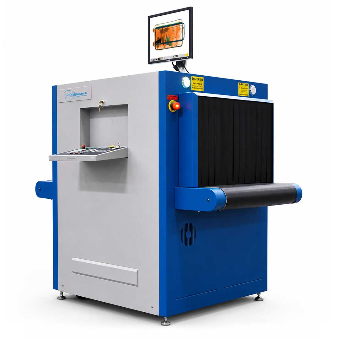 Blue and gray X-ray security scanner with monitor displaying scanned luggage image and control panel.