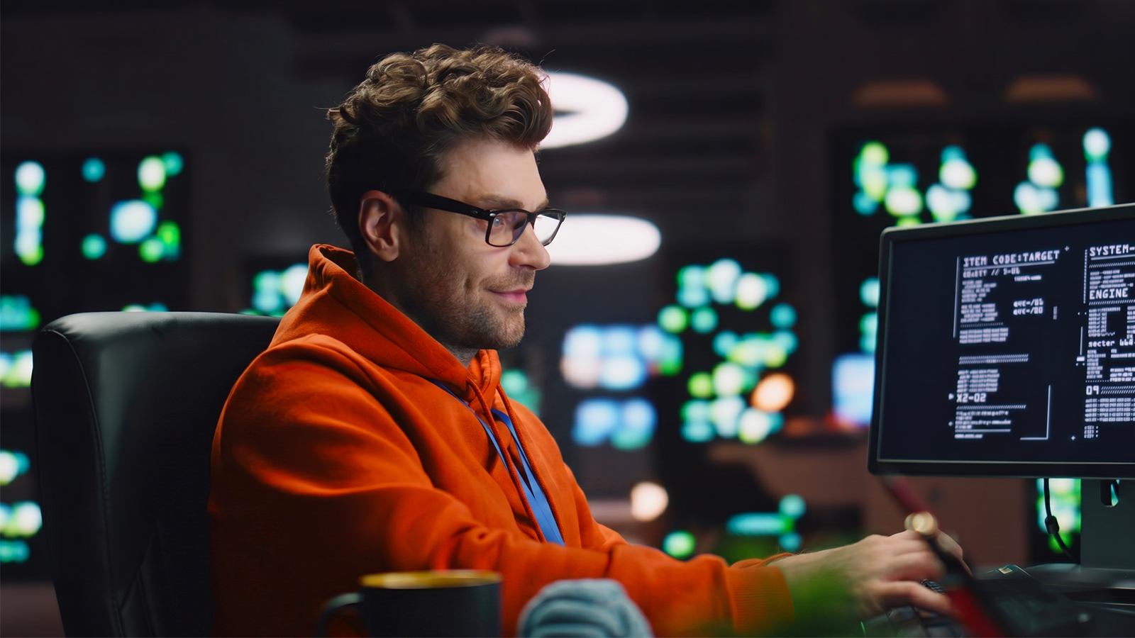 Man in orange hoodie and glasses working at computer with code on screen in dark room with blurred green lights.