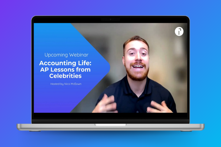 Laptop screen displaying a webinar slide titled 'Accounting Life: AP Lessons from Celebrities' hosted by Nico McEown on a blue gradient background.