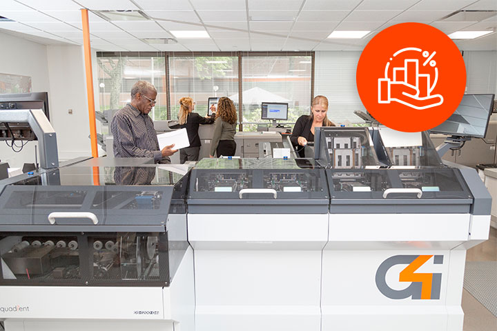 image of people using a high-end mail production machine with an icon for finance options