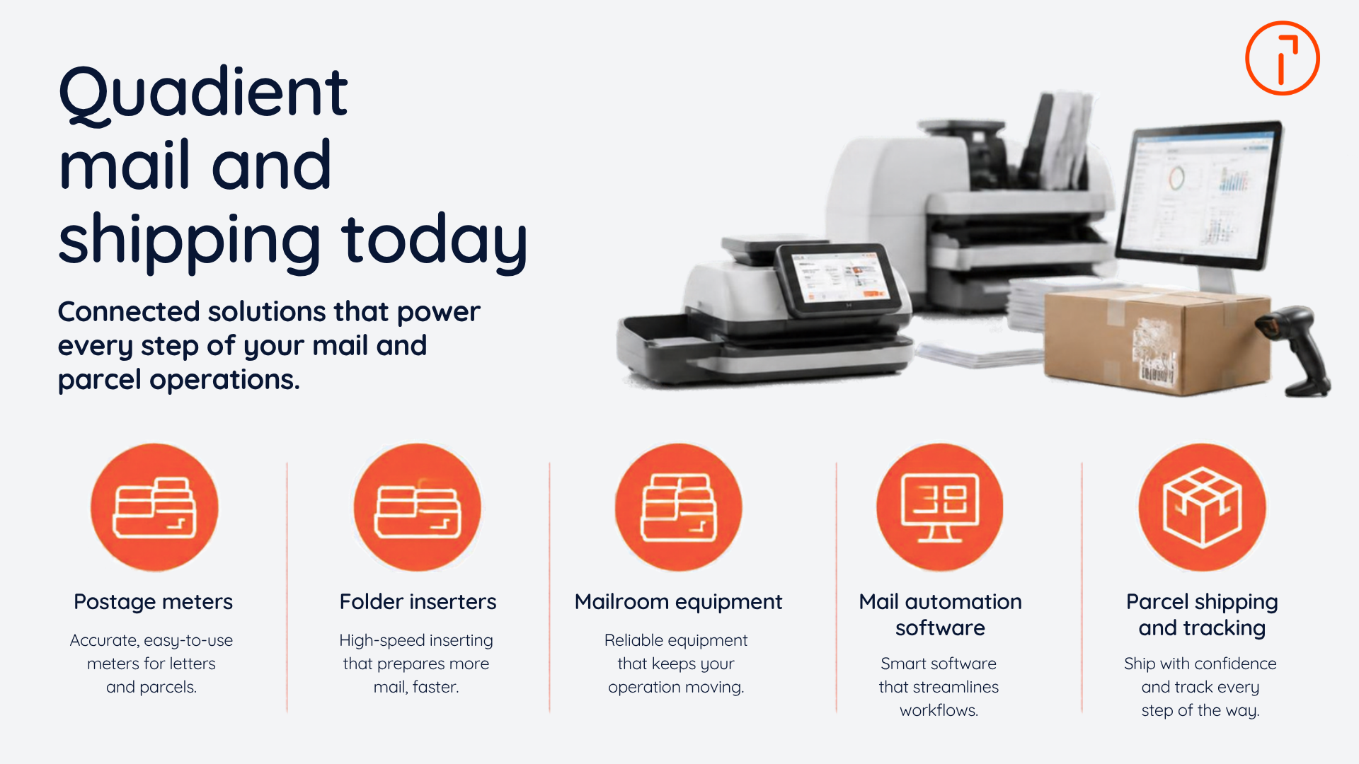 Quadient mail and shipping range: postage meters, folder inserters, mailroom equipment, mail automation software, and parcel shipping and tracking.