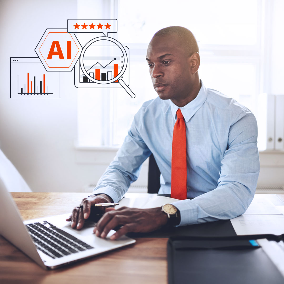 Professional man in blue shirt and orange tie working on laptop with AI analytics graphics and five-star rating icons.