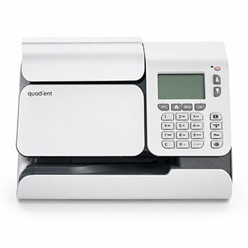 Quadient iS-280c Franking Machine with digital display and numeric keypad on right side, paper tray on left.