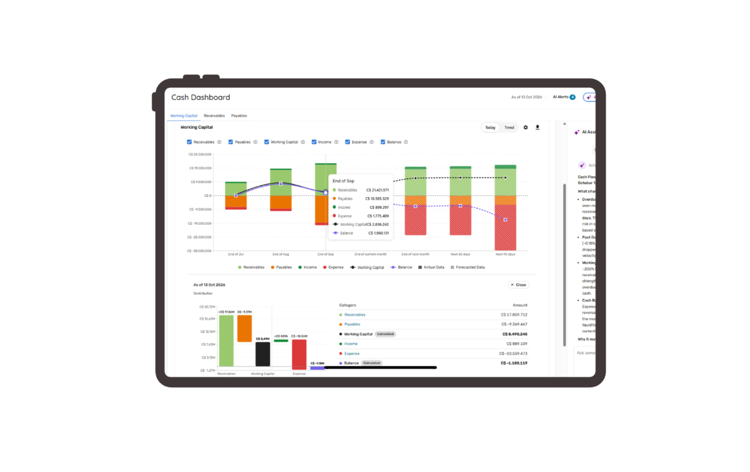 UI image of Cash dashboard for Accounts Payable and Accounts Receivables