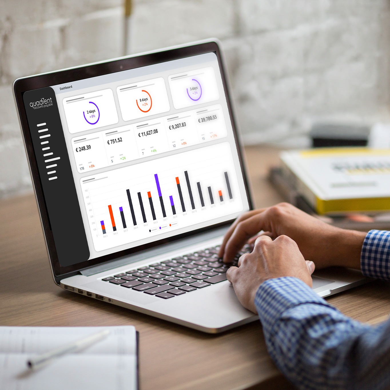 Quadient Suite image featuring finance automation software ui on a laptop