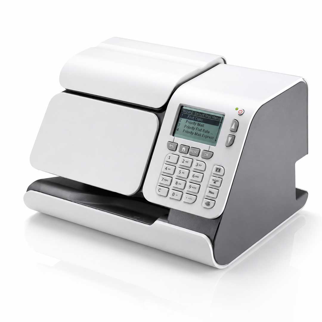 Quadient iS-290i digital postal franking machine with LCD screen, numeric keypad and integrated label printer.
