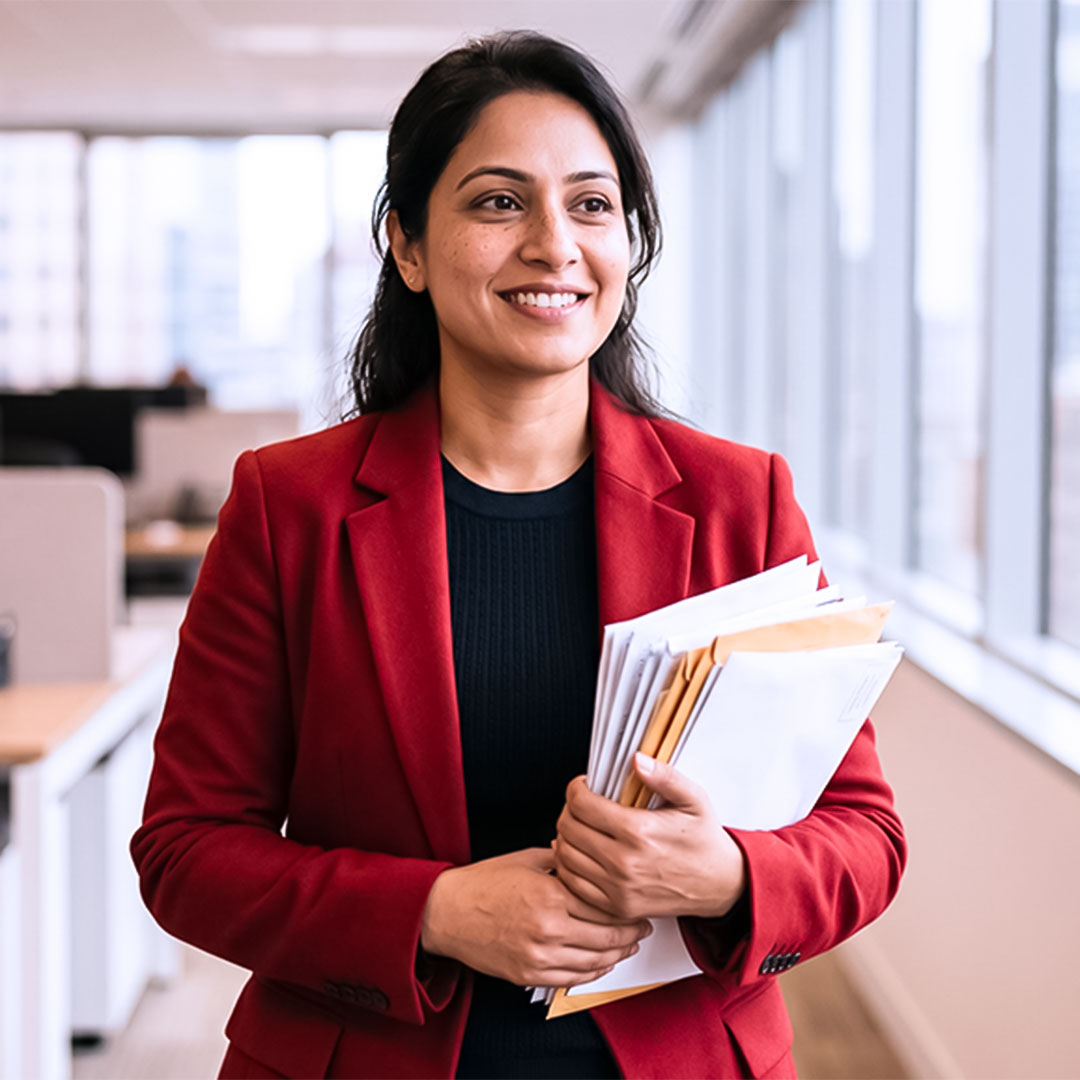 woman in office with stack of envelopes