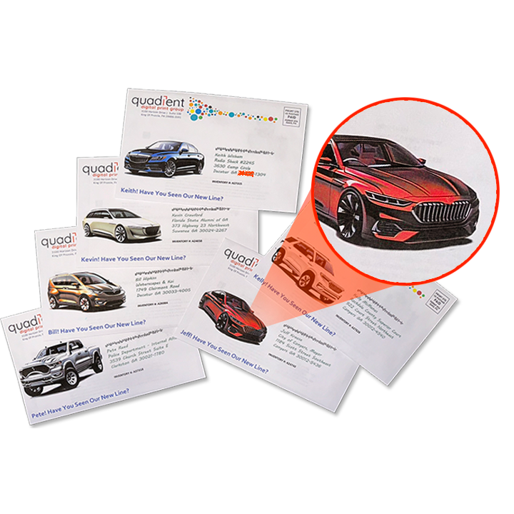 Print Sample of white envelopes with various automobiles and cars printed on them.