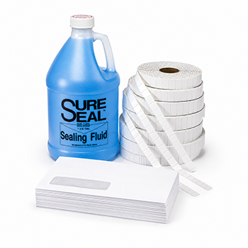Image of Sure Seal, rolls of tabber sticker labels and envelopes,.