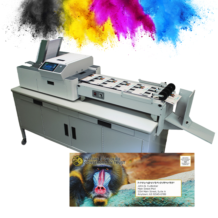Image of printer on table showing full-color envelope print examples wtih colorful ink explosion