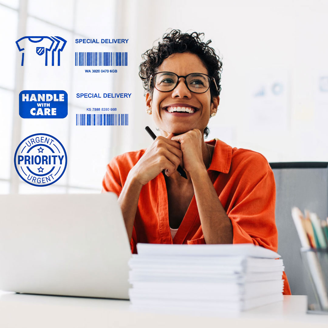Smiling woman in orange blazer at desk with laptop, holding pen, beside delivery labels reading Special Delivery and Priority.