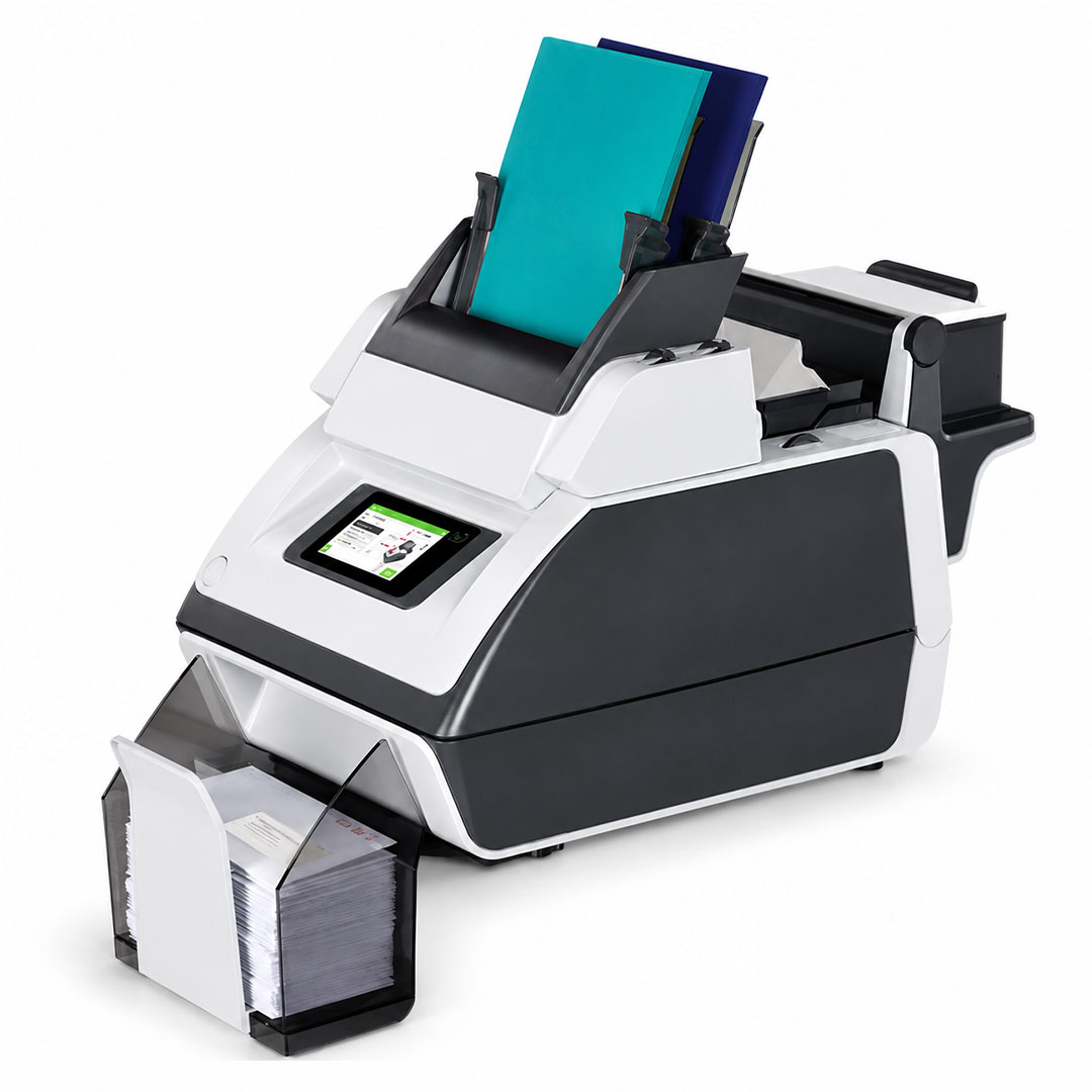 Quadient DS-40i folder inserter in a small office mailroom.