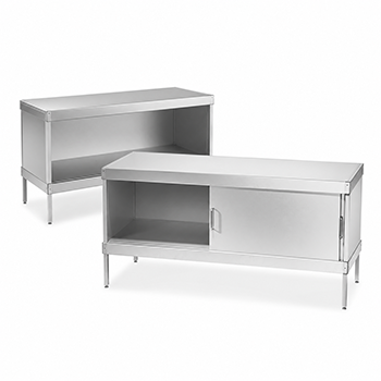 Two stainless steel commercial work tables with open shelving and cabinet storage on metal legs against white background.