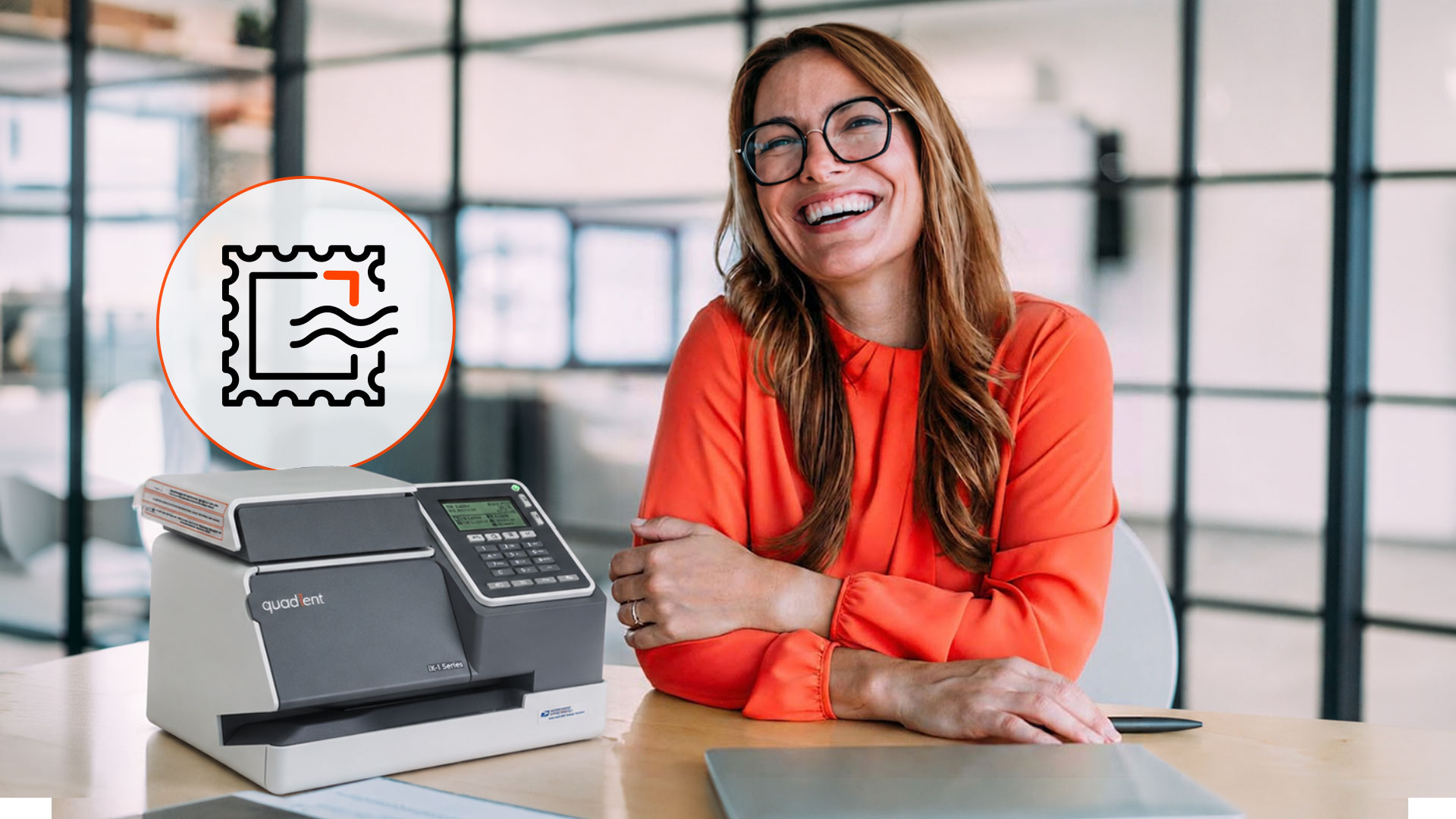 Smiling woman in orange shirt with glasses sitting at desk next to postage meter machine with stamp icon overlay