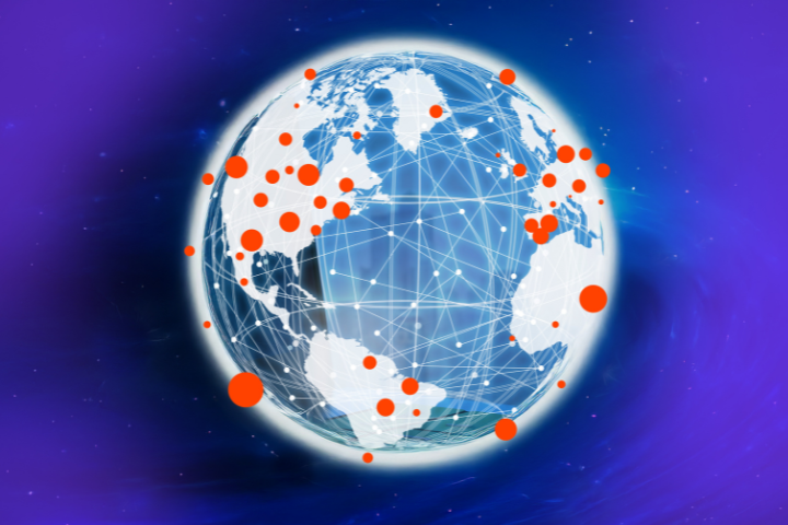 Globe on purple background with Quadient coloured dots expanding across, representing global CCM market share growth