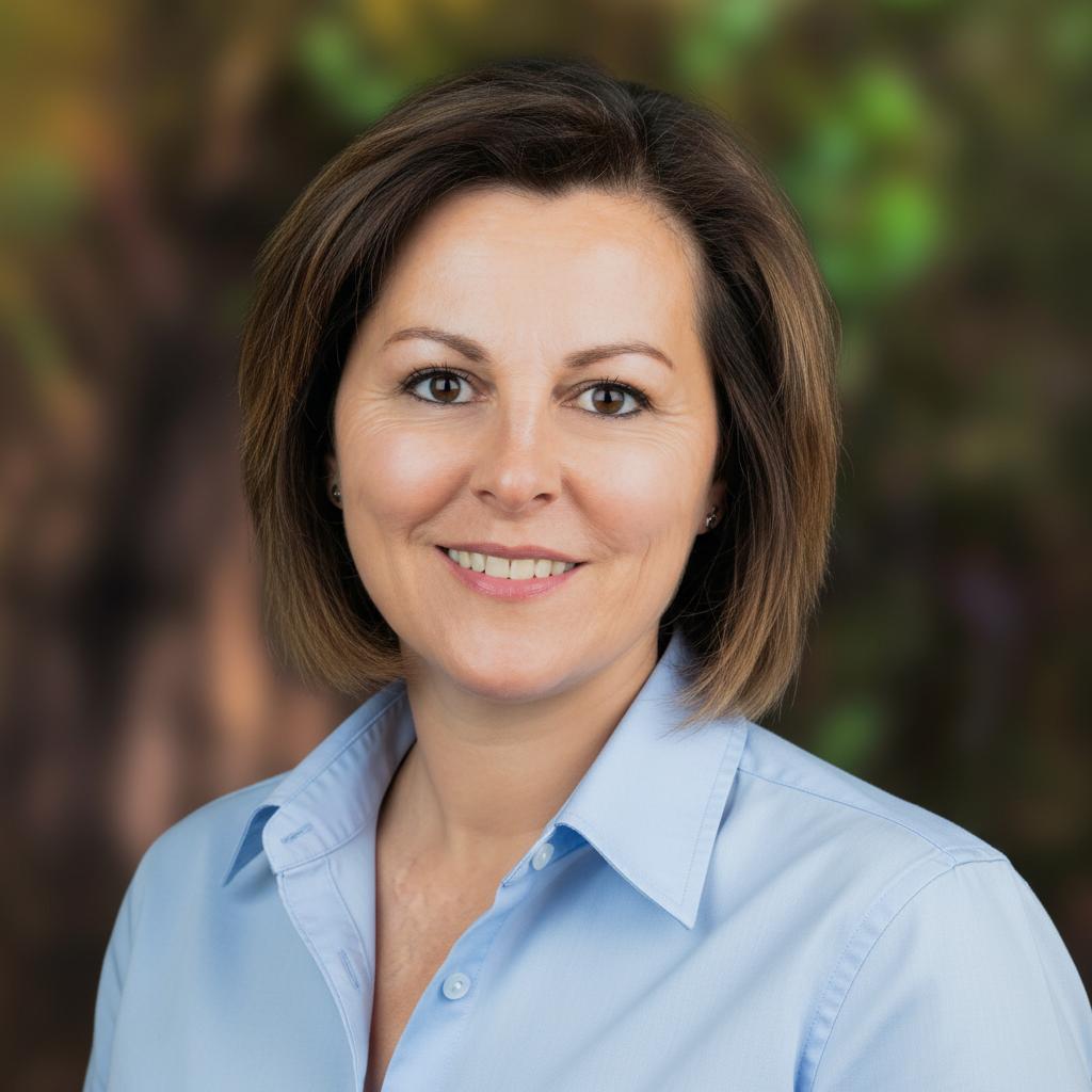 image shows a dark haired woman called Monica Llorens from Quadient, smiling and looking at the camera, wearing a light blue shirt.