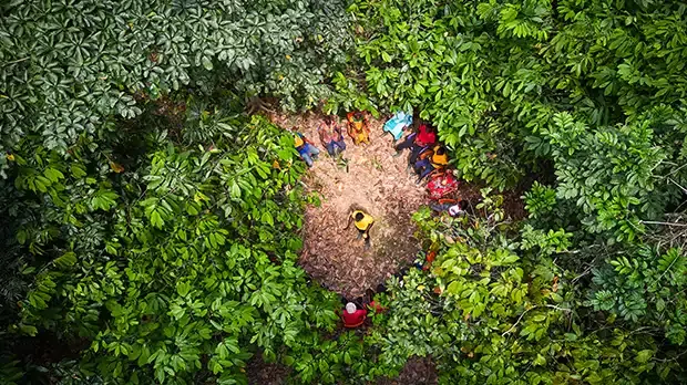 Looking from the top on a group of farmers in the middle of the nature