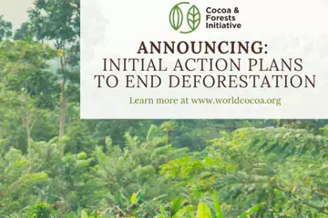 Banner announcing the initial actions plan to end deforestation from cocoa forests and initiative