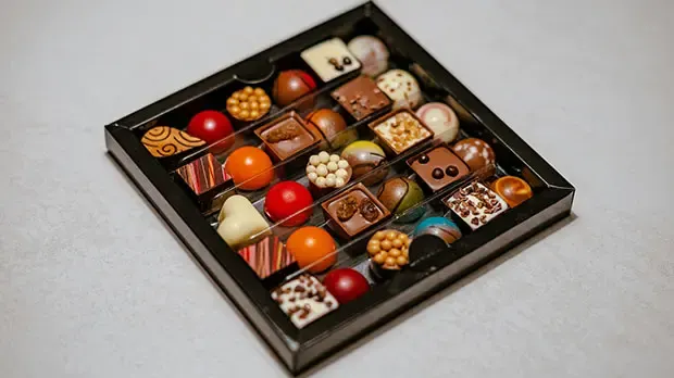 A box of different types of bonbons