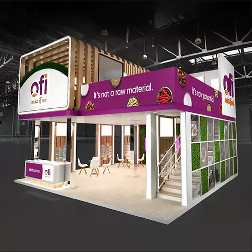3D image of an ofi booth with the logo and slogan: "It's not raw material, it's raw potential."