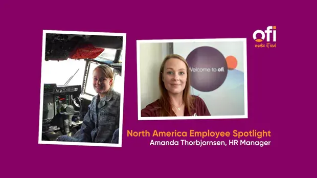 Two images of Amanda Thorbjornsen, HR manager at ofi
