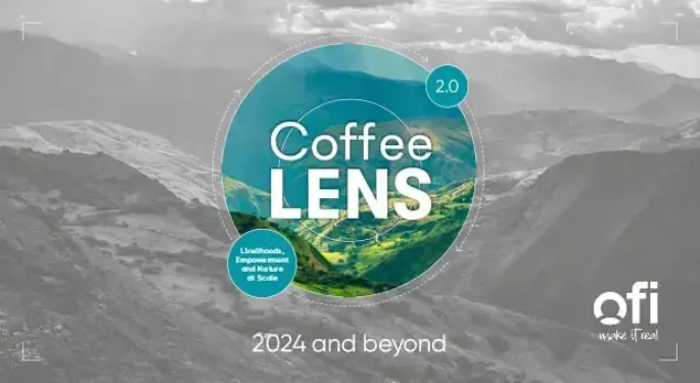 Black and white background image of nature with a coloful circle mentioning Coffee lens 2024