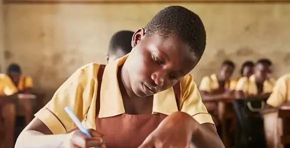 Close up shot of a girl sitting behind a school desk doing school work