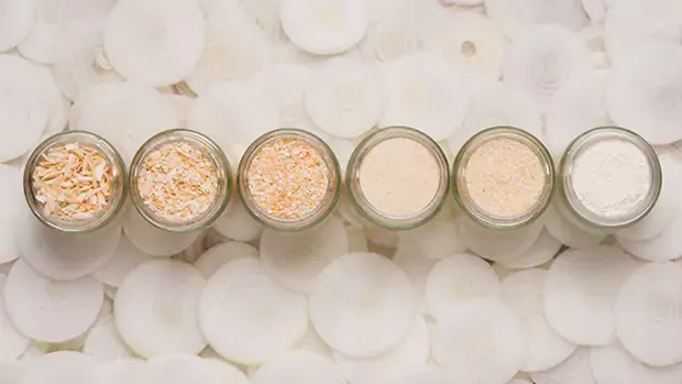 Glass bottles filled with different types dried opinion powder