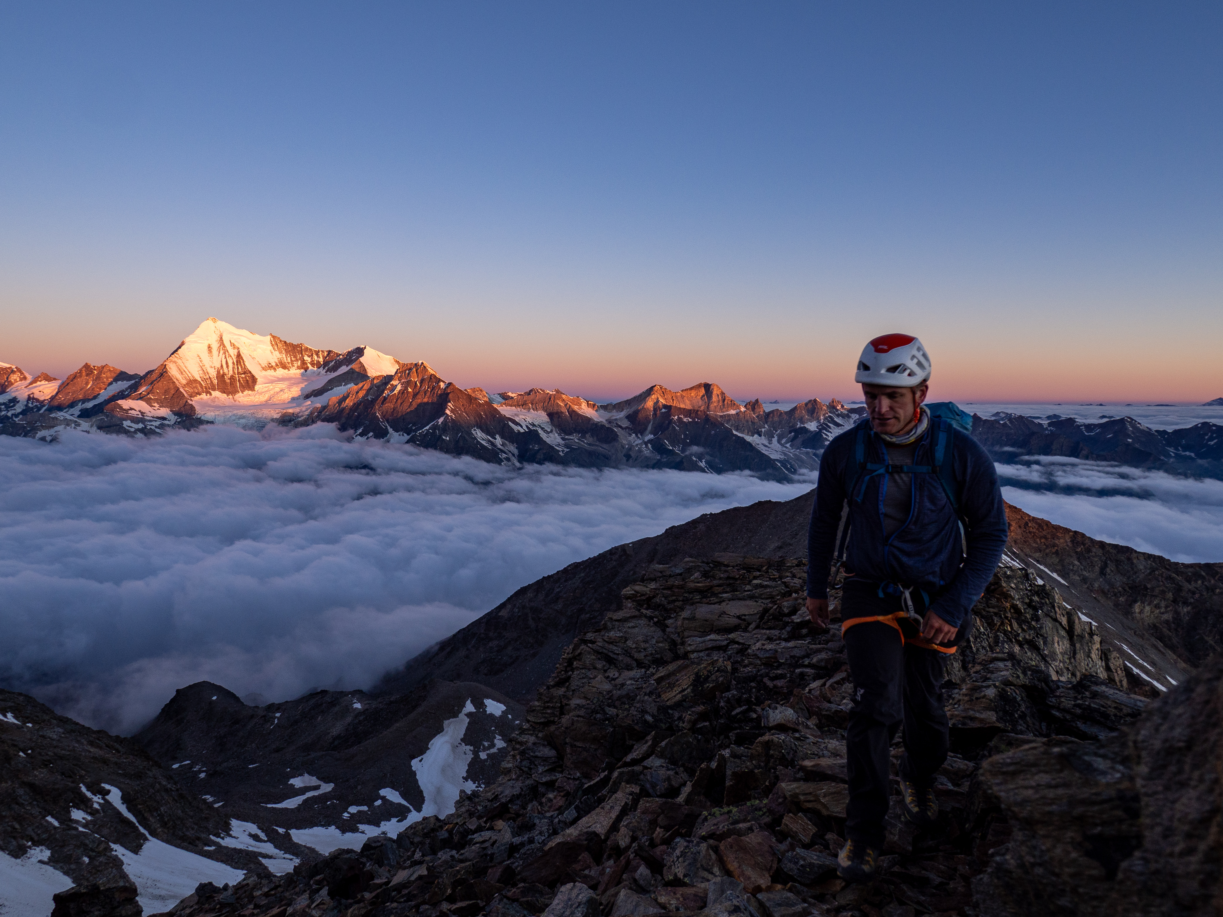 Sunrise on the Nadelgrat with the Weisshorn in the background