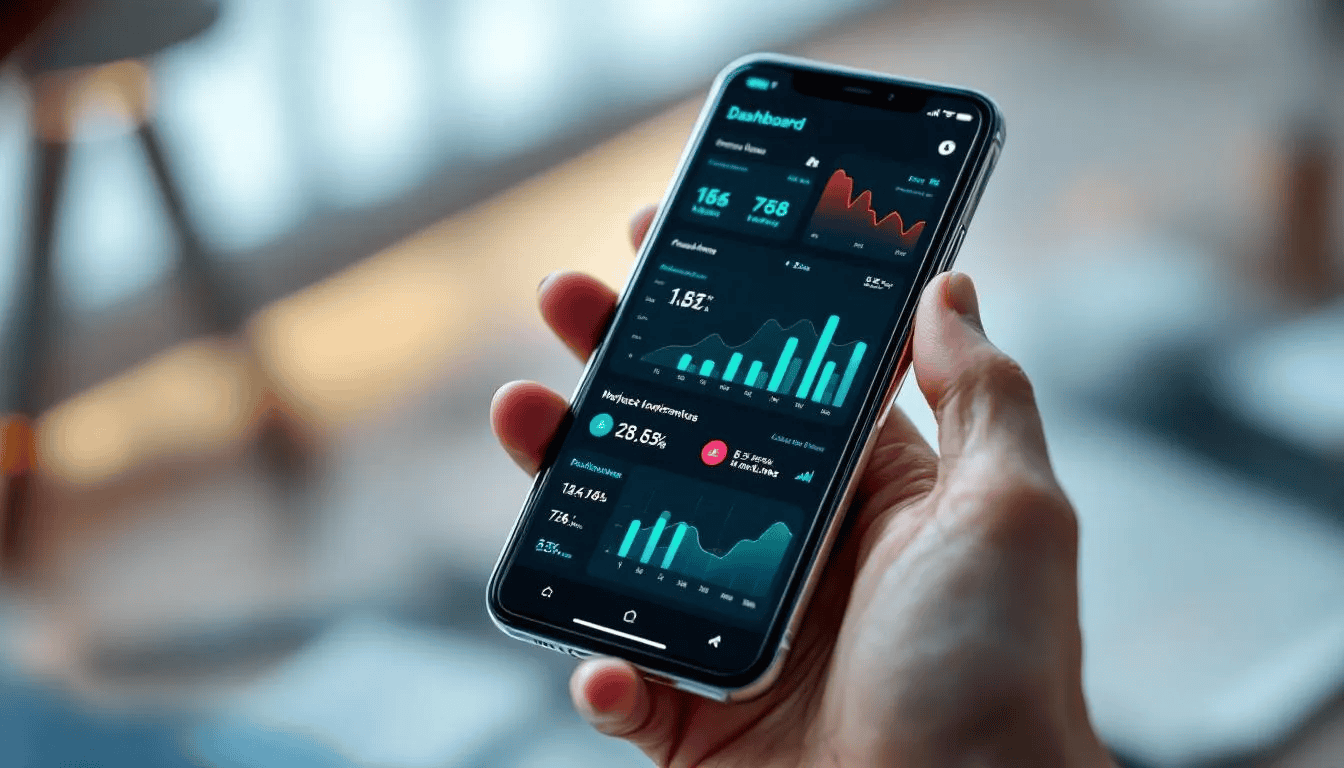A modern smartphone displays a business dashboard interface showcasing various sales processes, including opportunity management and order status updates, designed to enhance customer satisfaction and streamline the lead to cash process for sales teams. The interface provides valuable insights into the customer journey and sales performance, allowing organizations to make informed decisions and improve their day-to-day operations.