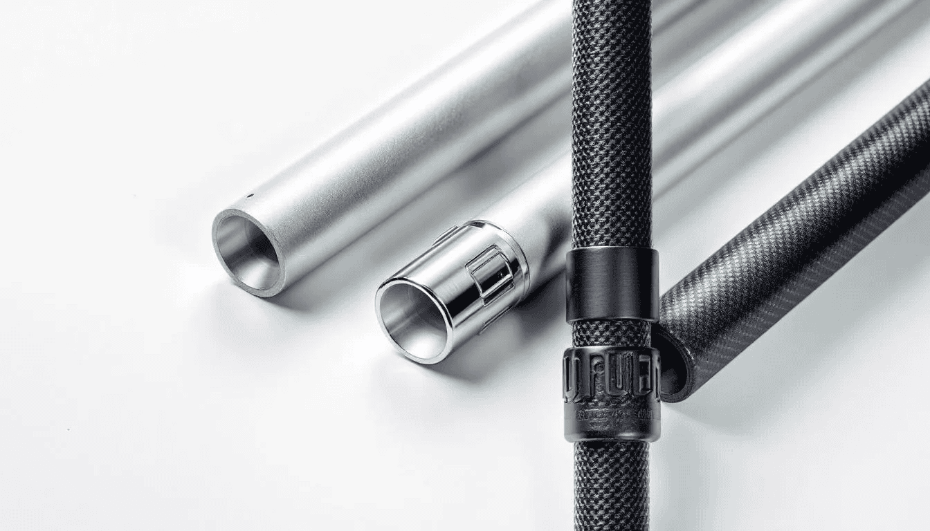 The image displays a comparison of pick sticks made from aluminum, steel, and carbon fiber, highlighting their different materials and designs. This visual aids in understanding the ergonomic benefits and efficiency these tools bring to warehouse operations, particularly in reaching high shelves and handling multiple items with precision.