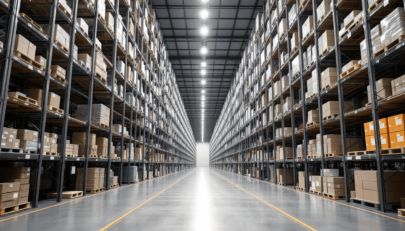The image depicts a warehouse aisle filled with high shelves that require extended reach capabilities for efficient order fulfillment. Warehouse staff are utilizing tools like a pick stick to access multiple items, ensuring productivity while minimizing the risk of human errors.