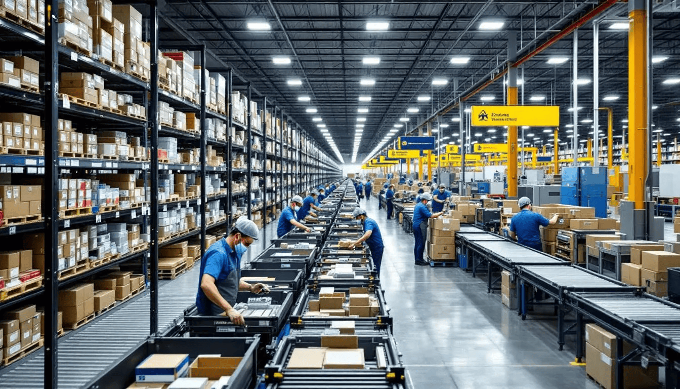 The image depicts an e-commerce fulfillment center where warehouse staff are efficiently using pick sticks to reach high shelves and process multiple items for order fulfillment. This ergonomic tool helps reduce human errors and boosts productivity, ensuring customer satisfaction through precise packing and shipment of individual products.