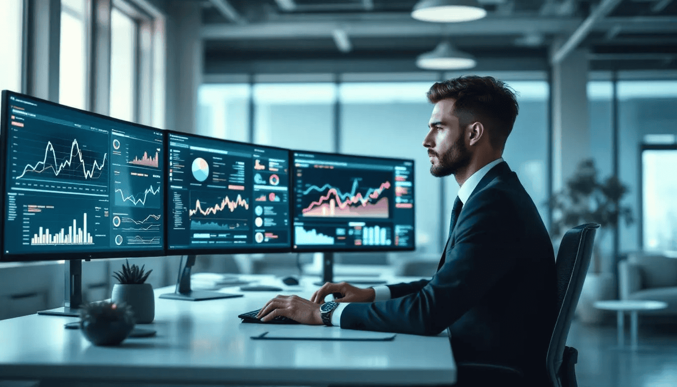 A modern business professional is intently analyzing data charts displayed on multiple computer monitors, which provide valuable insights into the sales process and customer lifecycle. The setup highlights the importance of informed decisions in opportunity management and the overall effectiveness of sales efforts within the organization.