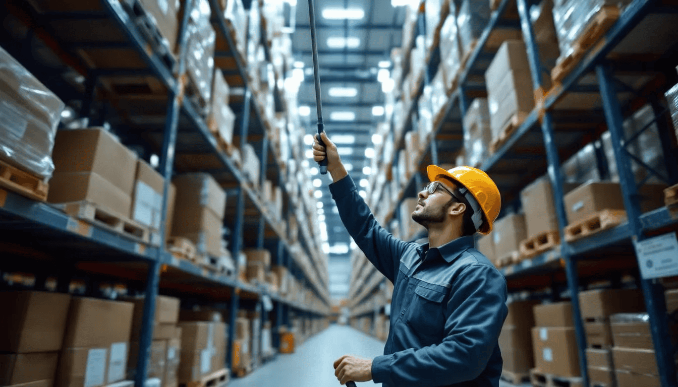 A warehouse worker is using an extendable pick stick to efficiently retrieve packages from high shelves, ensuring safety and precision in the order fulfillment process. This ergonomic tool helps reduce the risk of injuries while boosting productivity in warehouse operations.