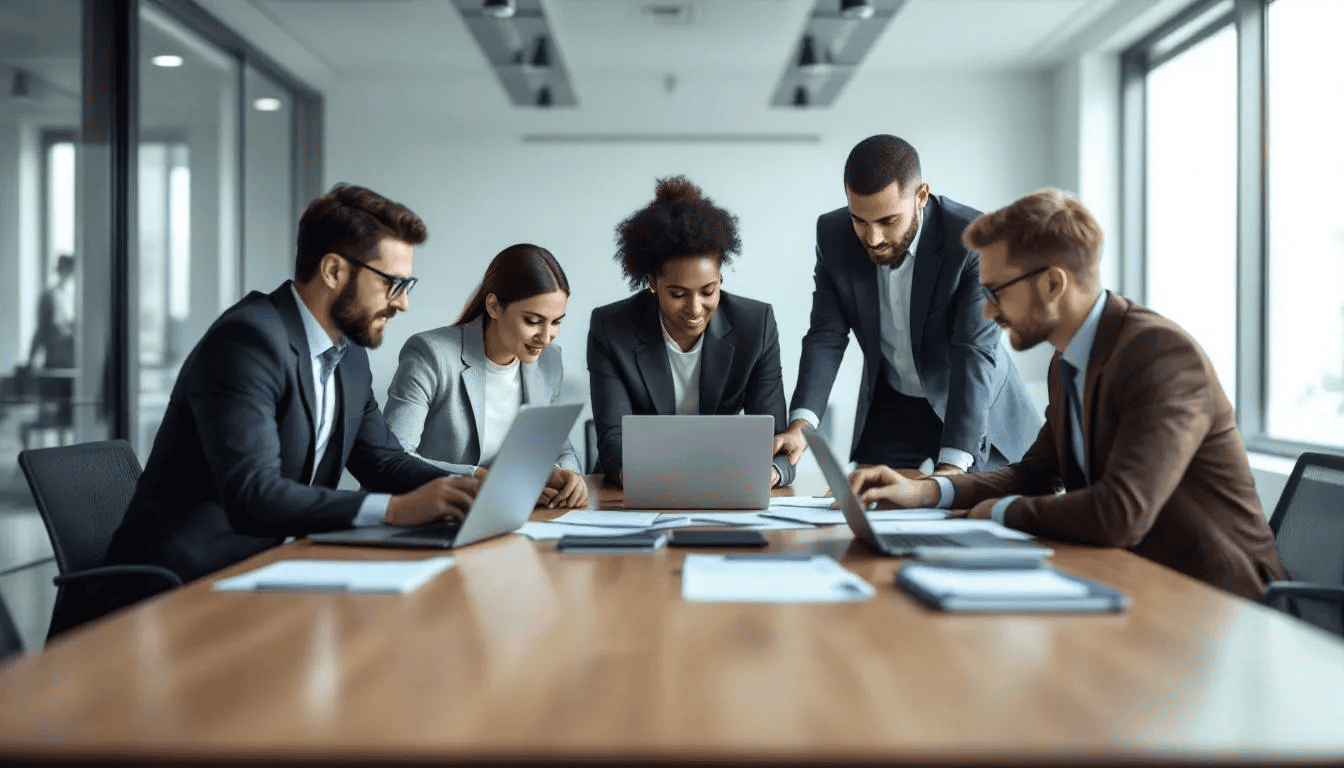 A professional business team collaborates around a conference table, engaging with laptops and documents as they discuss strategies for improving the sales process and enhancing customer satisfaction. This setting reflects a focus on potential customers and the seamless integration of order management within their day-to-day operations.