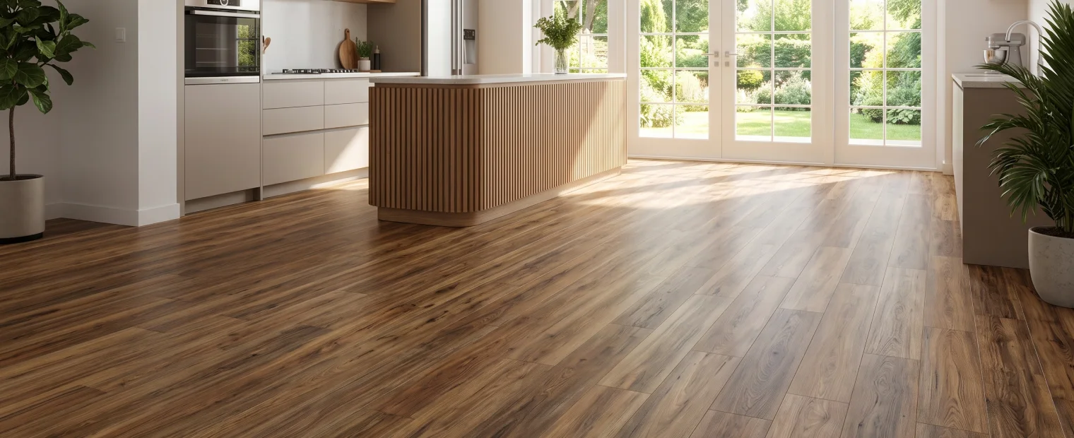 Large, modern, sun-drenched kitchen with vinyl flooring