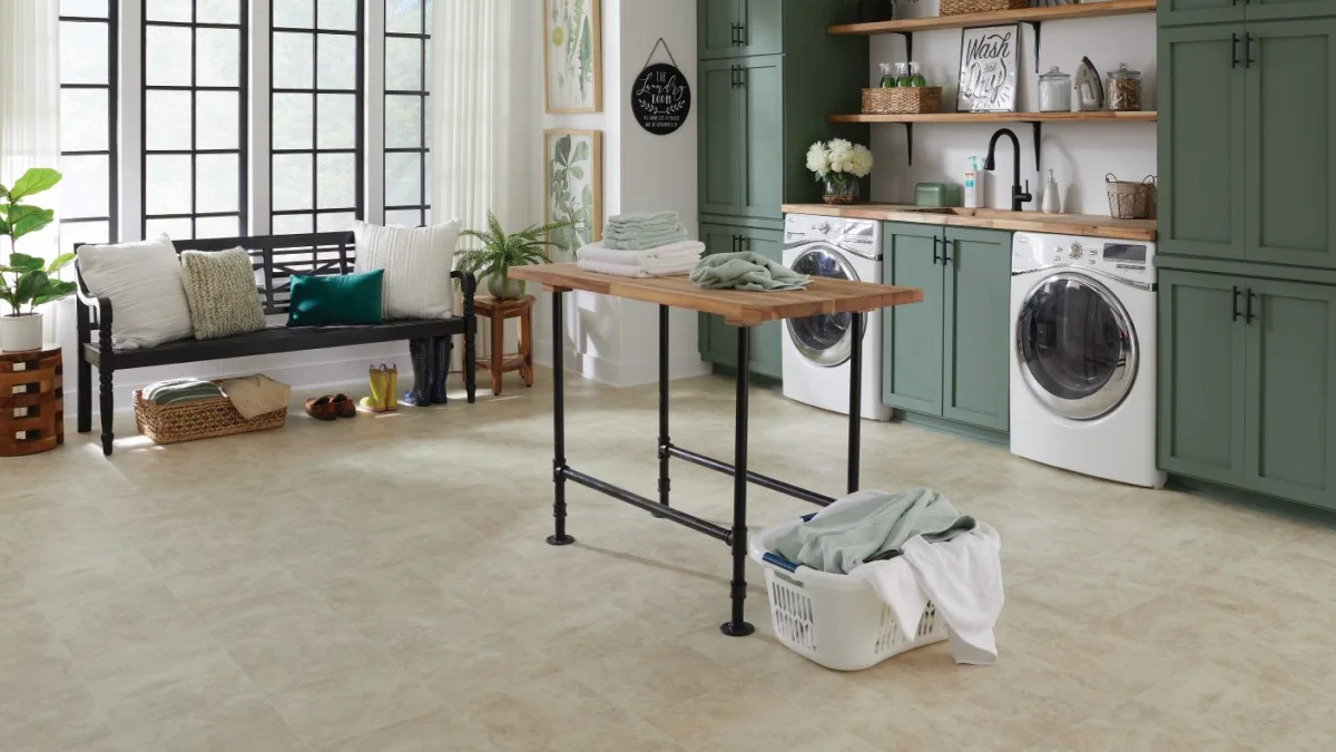 Spacious laundry room with Esplanade White Tile Waterproof Vinyl Sheet Flooring